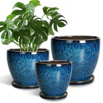 6/8/10 inch Ceramic Planters -Set of 3 with Drainage Hole & Saucer,Modern Round Pots for Indoor Plants for Succulents & Flowers Home Decor Accent Blue Glaze