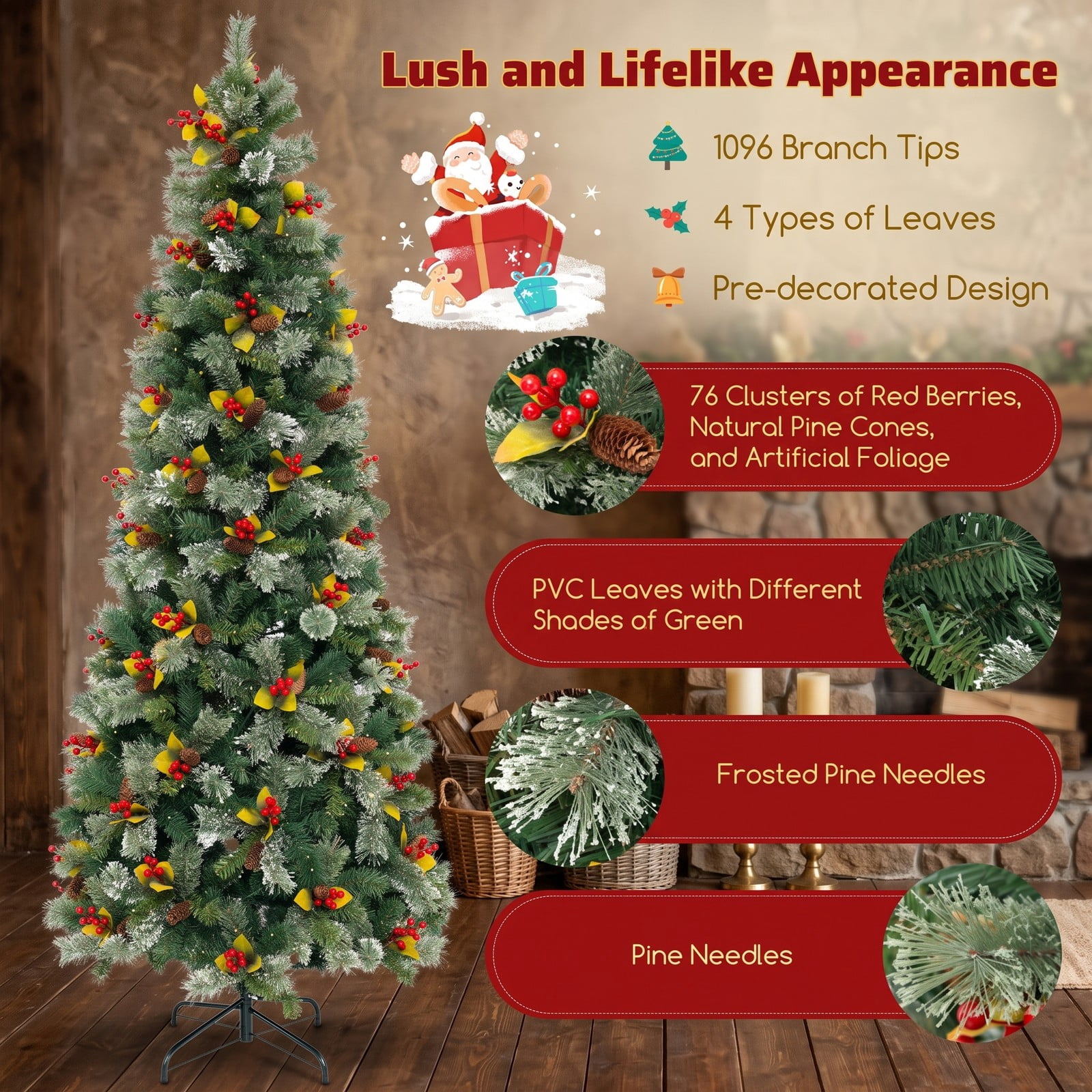RUIE 7.5 FT Pre-Lit Artificial Christmas Tree with 1096 Branch Tips, 460 Warm White LED Lights, 8 Lighting Modes and Foldable Metal Stand for Indoor Holiday, Green