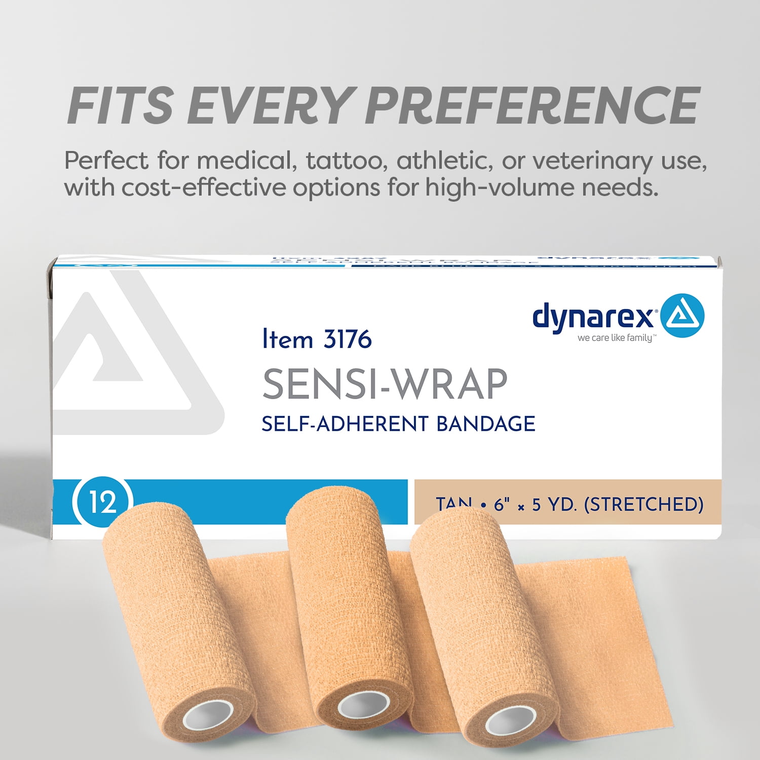 Dynarex Sensi-Wrap Self-Adhesive Bandages, 12-Pack, 6" x 5 yards, Tan, Latex, Colored Elastic Cohesive Athletic Tape, Tattoo Grip & Vet Wrap