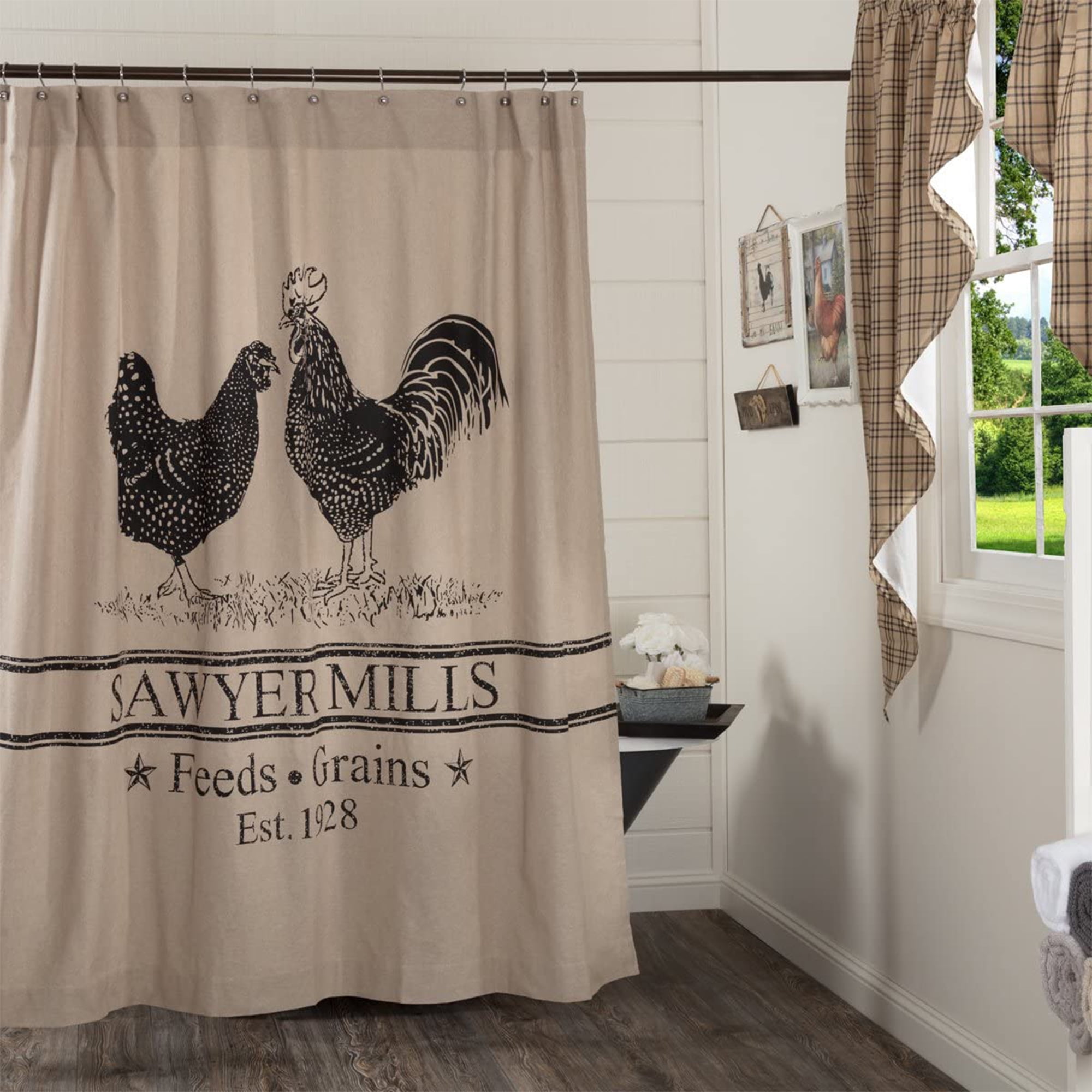 VHC Brands Farmhouse Shower Sawyer Mills Sheep & Curtain Black Rod Bath Decor 
