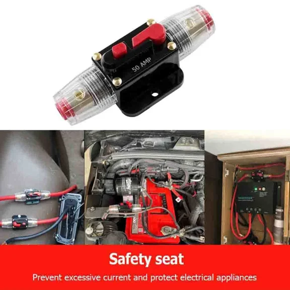 New Car Stereo Audio 12V Circuit Breaker Fuse Inline Fits 4 8 Gauge Wire 50 Amp