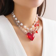 Multi-layered Heart Crystal Choker Necklaces for Women,Punk Pearls Beaded Chain Love Pendant Necklace Party Y2k Snake Bone Necklace Accessories