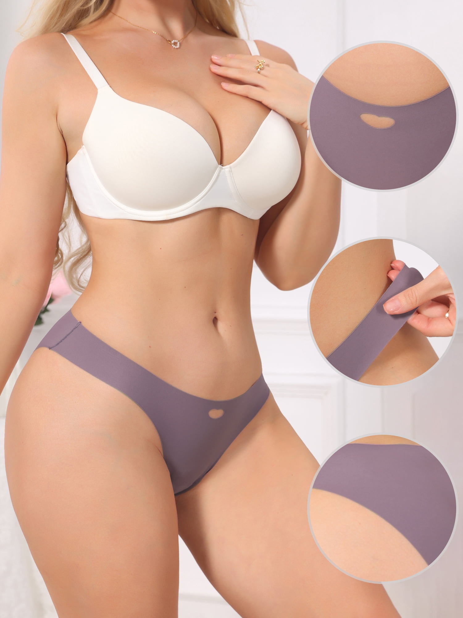 DARING DIVA Women's Seamless No Show Ice Silk Low Rise Bikini Heart Cutout Briefs S Purple