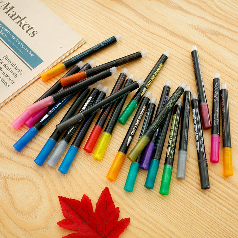 NewSoul 24 Colors Outline Markers Shimmer Double Line Marker Pen Set Magic  Glitter Metallic Drawing Pens Self-Outline DIY Sketching Pens 