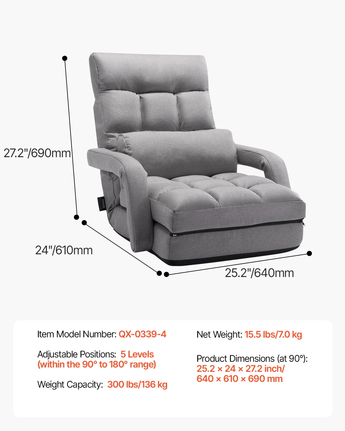 VEVOR Floor Chair, Floor Gaming Chair with 5 Adjustable Position and Back Support, Folding Sofa Chair with Armrest for Adults, Sofa Lounger Bed with Back Cushion for Living Room and Bedroom, Gray