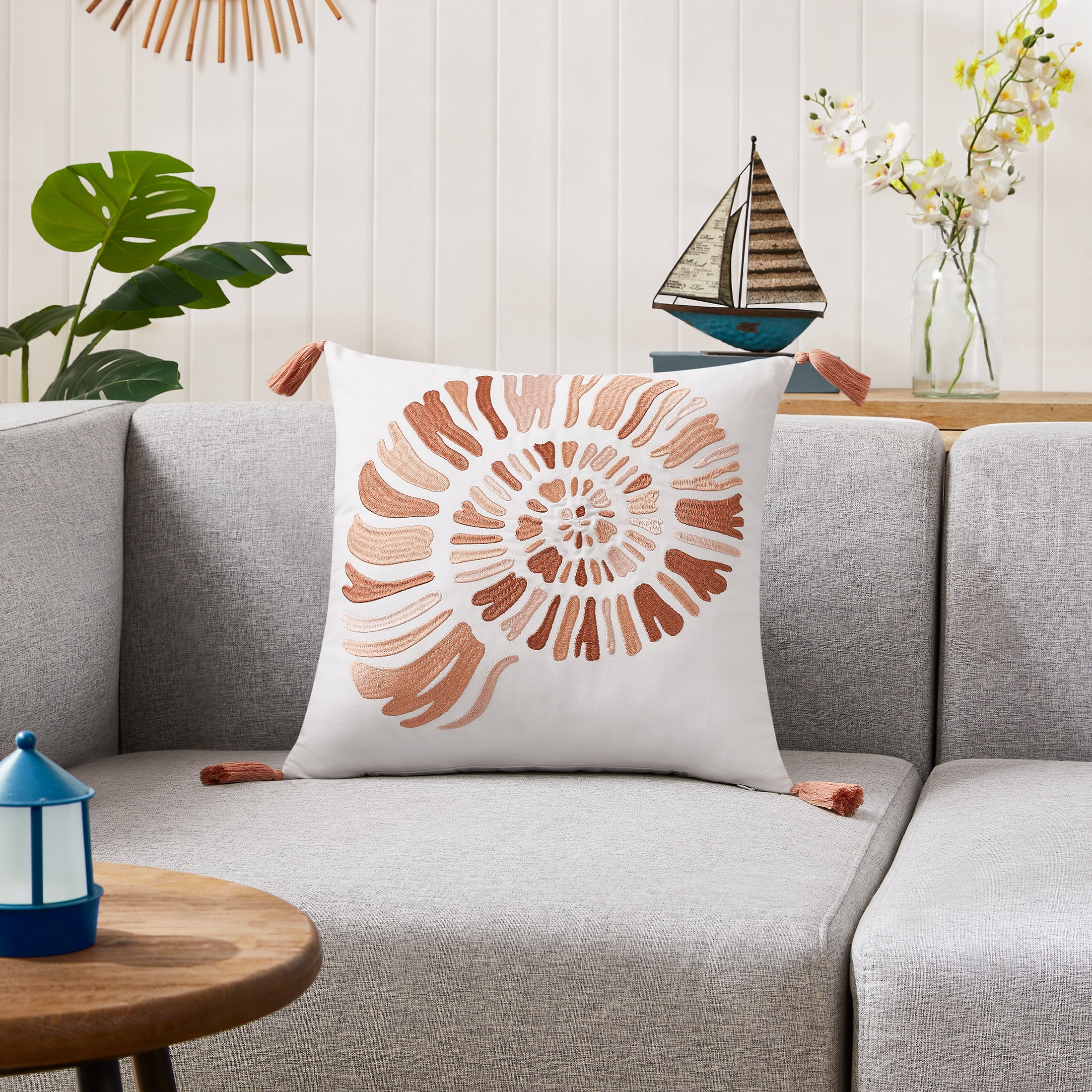 Coastal Living 18" x 18" Orange & White Seashell 100% Cotton Decorative Throw Pillow for Couch or Bed