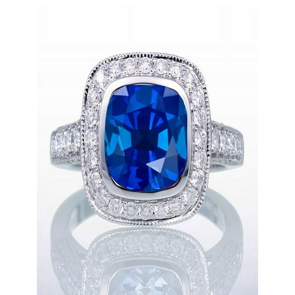 1.5 Carat Cushion Cut Sapphire and Diamond Halo Vintage Engagement Ring for Women on 10k White Gold
