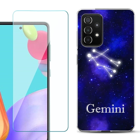 Slim-Fit Flexible Gel TPU Phone Case compatible with Samsung Galaxy A52 5G, with Tempered Glass Screen Protector, by OneToughShield ® - Zodiac / Gemini