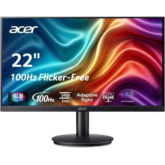acer KB220Q H2bi 21.5" Full HD (1920 x 1080) Zero-Frame Home Office Monitor | Adaptive-Sync Support (FreeSync Compatible) | Up to 100Hz Refresh | 1ms (VRB) | sRGB 99% | Tilt | HDMI & VGA Ports