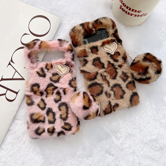 For Samsung Galxy Z Flip4 5G Cover Shockproof Luxury Plush Leopard Warm Case，Flip Case Cover With Plush ball