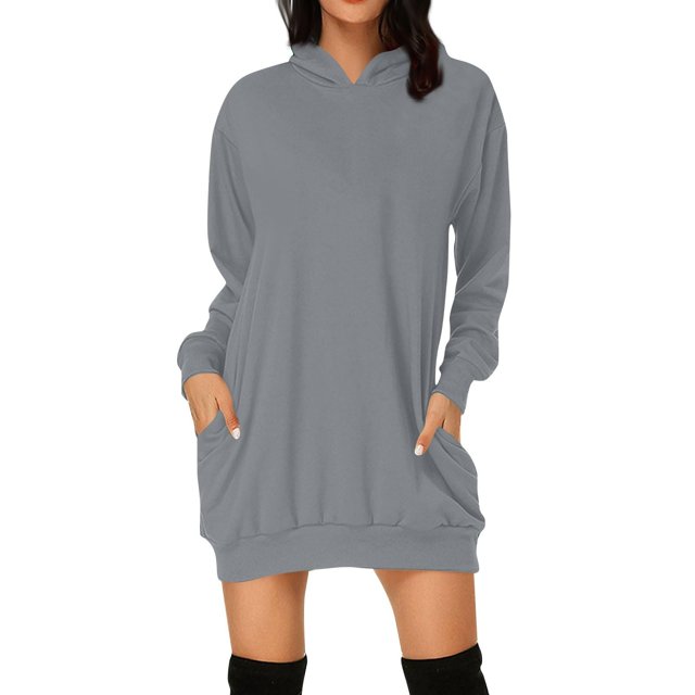 Robe Décontractée à Manches Longues et Capuche pour Femmes Couleur Unie