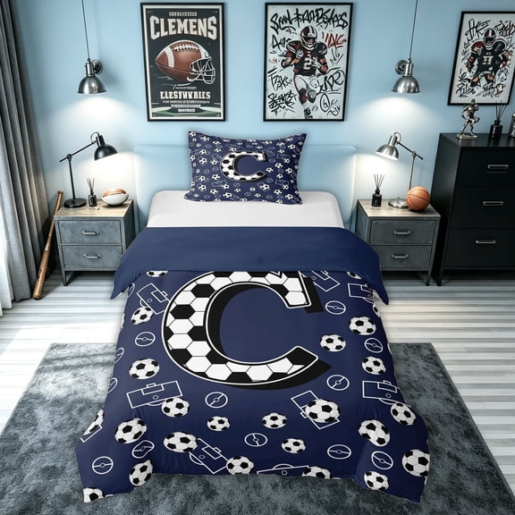 meiyoeat Soccer Letter C Twin Duvet Cover for Boys, Ball Field Twin Bedding, Navy Blue, Blue Reversible, 2-Piece, 1 Duvet Cover and 1 Pillowcase