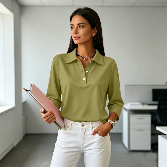 Women's 3/4 Sleeve Button Down Polo Shirts Collared Breathable Casual Business Golf Tops Army Green M