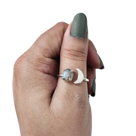 Natural Blue Fire Labradorite Ring, Cab Labradorite Gemstone Ring, Crescent Moon Adjustable Ring, Toe Ring, 925 Sterling Silver, Womens Ring, Christmas, Thanksgiving, Handmade Statement Jewelry