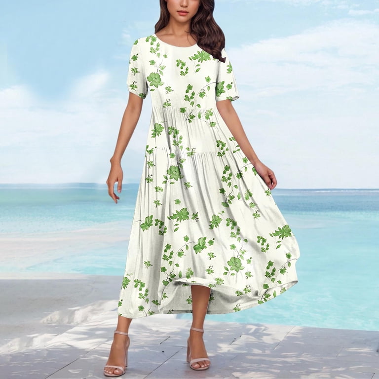 Wyobmus Women Dress Short Sleeve Boat Neck Maxi Dress Casual Floral Printed  Aline Flowy Tshirt Dress Vocation Beach Sundress I-White - Walmart.com