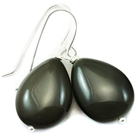 Sterling Silver Black Obsidian Earrings Rainbow Smooth Puffed Teardrops Shimmery Dangle Drops Designed for Adult Women