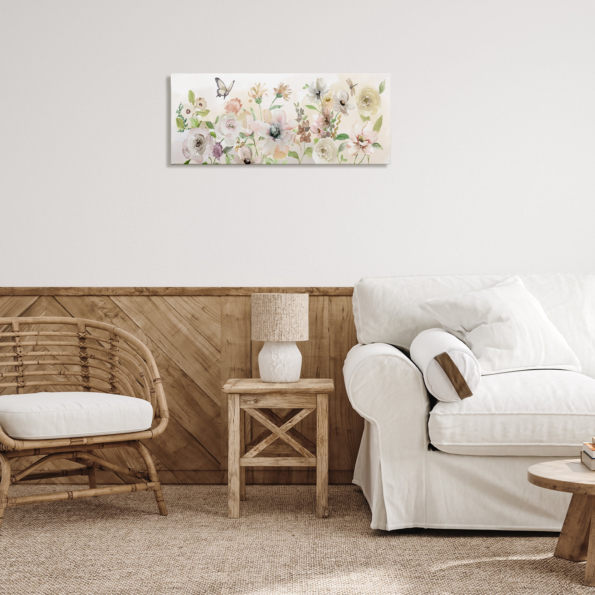 Stupell Industries Fluttering Insects & Florals Plants & Flowers Painting Wrapped Canvas Art Print Wall Art, 30 x 13