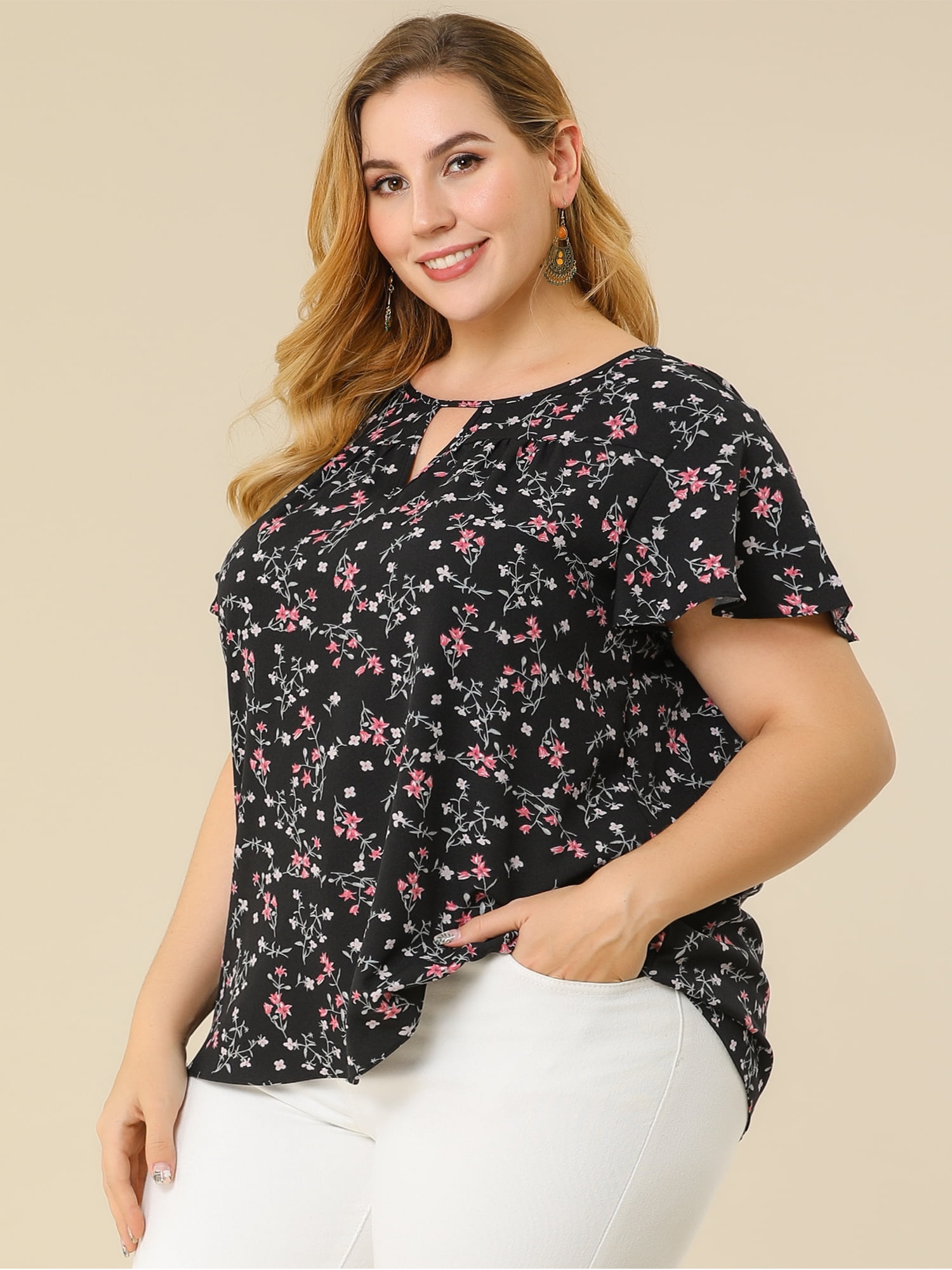 DARING DIVA Women's Plus Ruffle Short Sleeve Keyhole Chiffon Blouse 5X Black