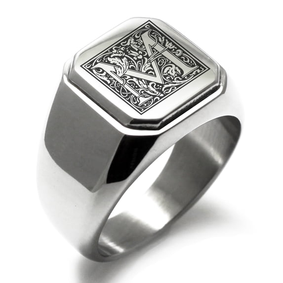 Stainless Steel Letter M Initial Floral Box Monogram Engraved Engraved Square Flat Top Biker Style Polished Signet Ring
