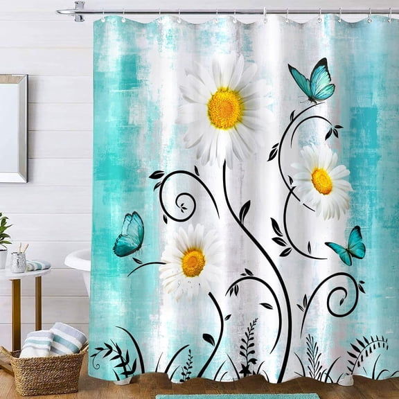 Rustic Farmhouse Shower Curtain White Daisy Floral Teal Waterproof Fabric Shower Curtains for Bathroom Flower Turquoise Butterfly Bath Curtain Decor with Hooks (Teal, 72'''' x 72'''')