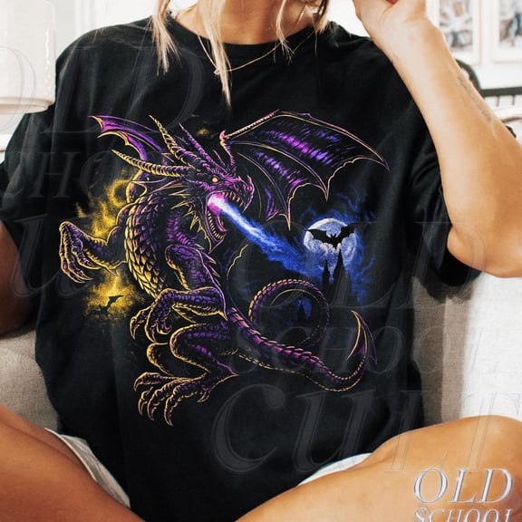 NODB Vintage Dragon 90S Graphic T-Shirt, Retro Medieval Castle Fantasy Creature Tee, Grunge Dark Art Gamer Shirt BLACK Unisex S-5XL Hot Trending Shirt, Vintage Birthday Gift