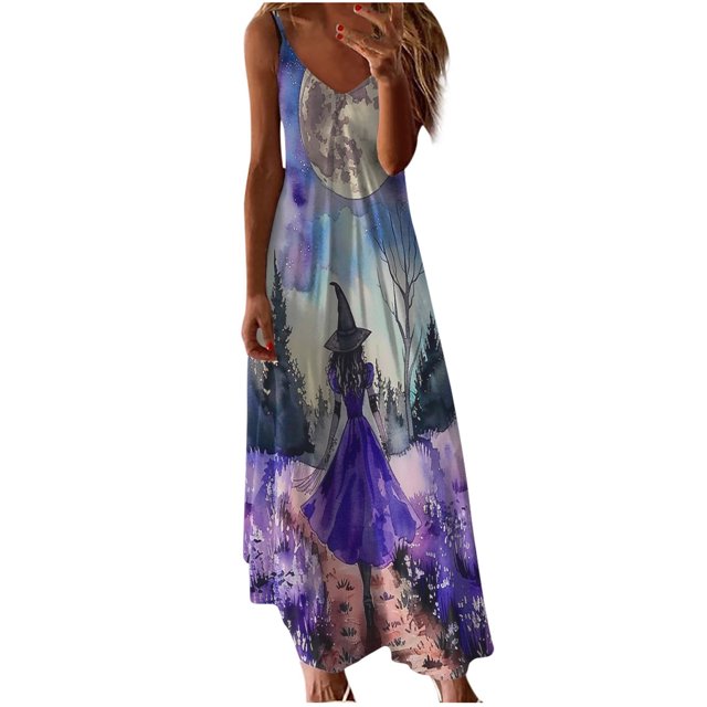 Vestidos de Verano de las Mujeres sin Mangas Estampados Colgantes, Estilo Casual Suelto para las Vacaciones, la Fiesta Y el Uso Diario de Primavera