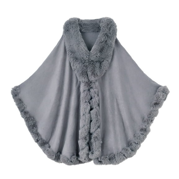Women's Shawl Faux Fur Trim Cardigan Cloak Shawl Wraps Winter Poncho Oversized Cape Light Gray One Size