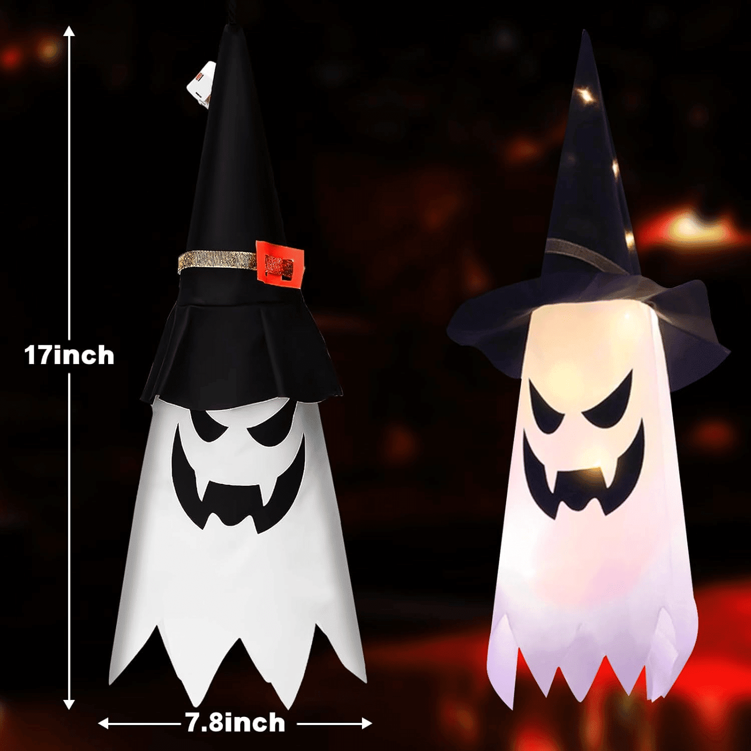 4 Pack Hanging Glowing Ghost Witch Hat String Lights with 3 Flash Modes