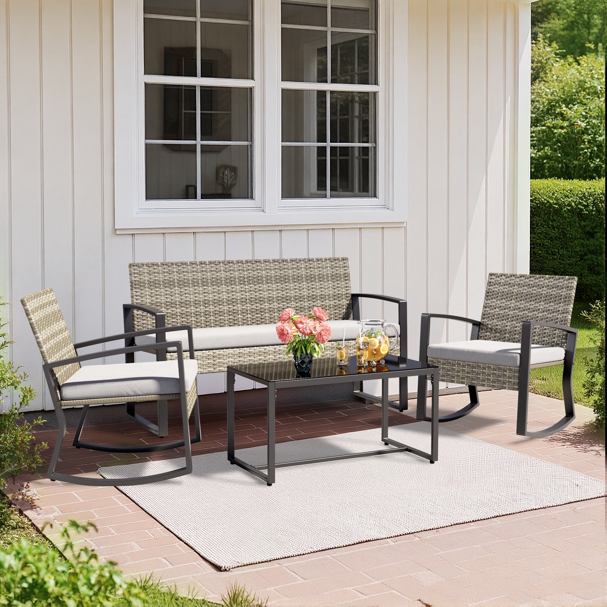 Patio Furniture Set, Lofka 4 Pieces Outdoor Conversation Set with Rattan Rocking Chairs & Loveseat, Removable Cushions for Garden Backyard, Gray