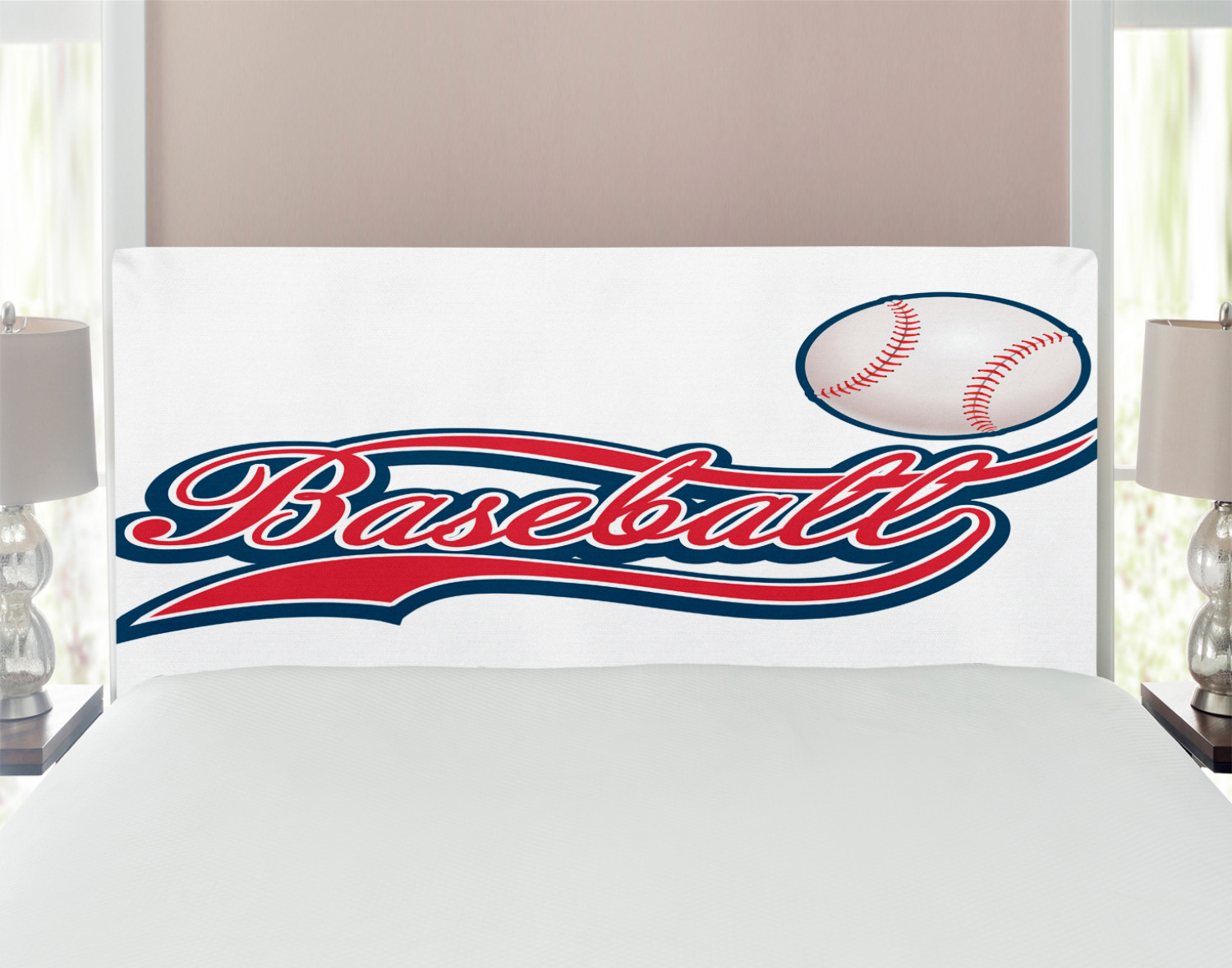 Sports Headboard, Baseball Ball Sporting Pastime National Sport Athleticism Entertainment, Upholstered Decorative Metal Bed Headboard with Memory Foam, Full Size, Night Blue Red White, by Ambesonne - image 1 of 4