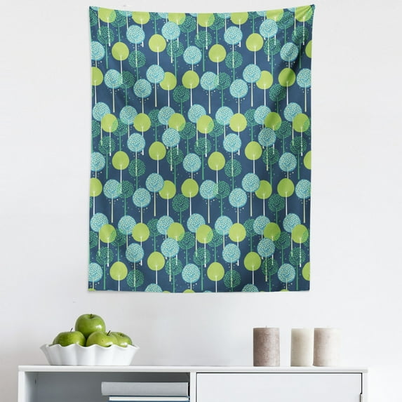 Leaves Tapestry, Abstract Style Round Motifs Trees Illustration in Dark Tones Print, Fabric Wall Hanging Decor for Bedroom Living Room Dorm, 5 Sizes, Dark Sky Blue Multicolor, by Ambesonne