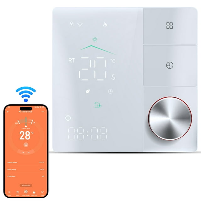 Smart Thermostat for House Electric Floor Heating WiFi AC thermostat with AI Smart Learning APP Control LED Digital Touch Screen and Adjustable Knob Energy Saving and DIY Programmable Thermostat