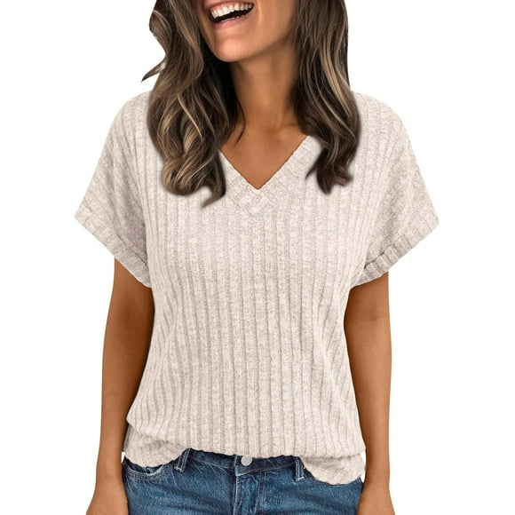 Women's V-Neck T-Shirt, Summer Casual Short Sleeve Blouse, Solid Color Polyester Top for Daily Wear