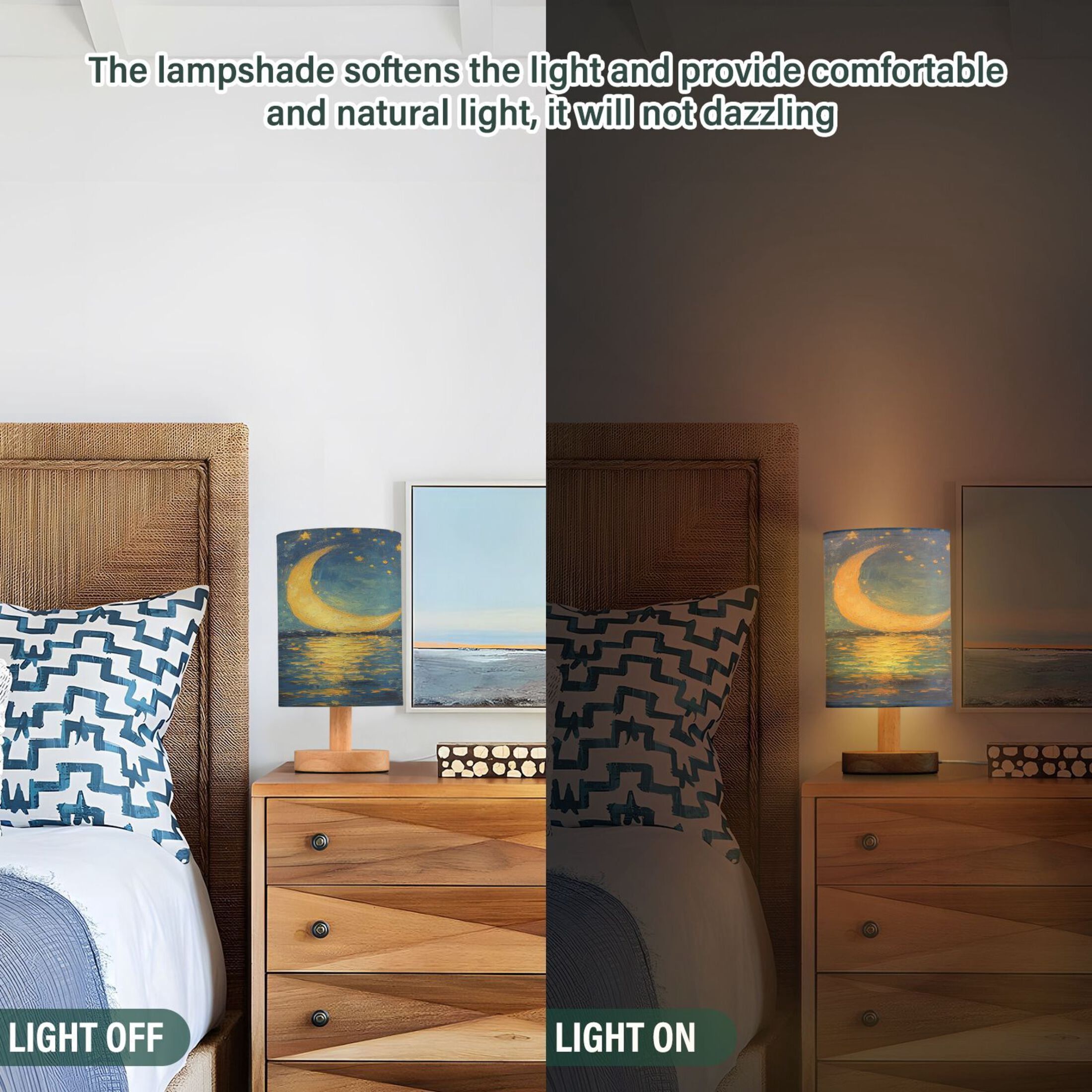 WOBOGO Moon Stars Oil Painting Pattern Bedroom Table Lamp USB Power Connector Wooden Base Round Linen Shade For Living Room Desk