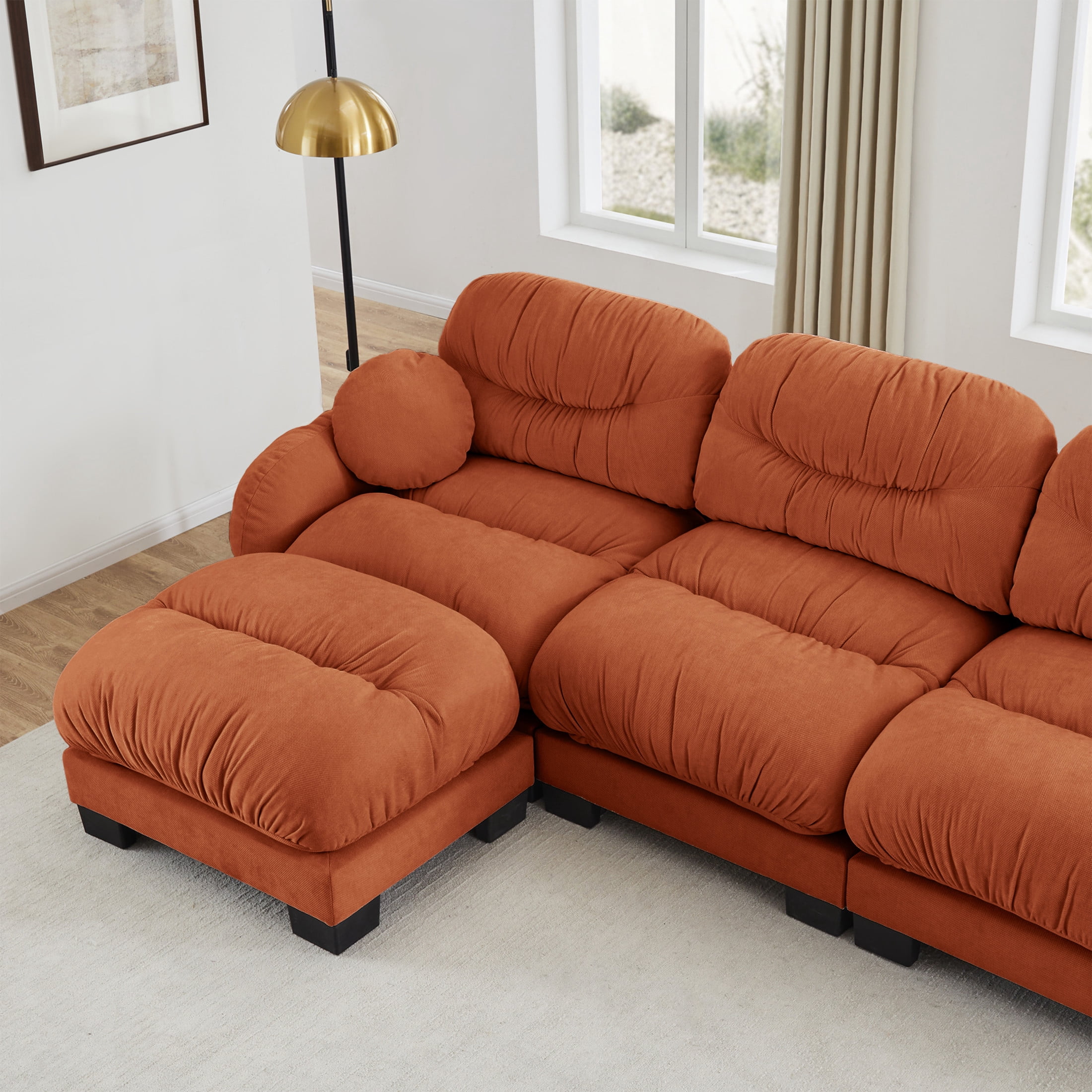 Noble House Corlan Pleated Chenille 4-Seater Sectional Sofa, Modular Deep Seat Couch with Ottoman and Throw Pillows, Orange
