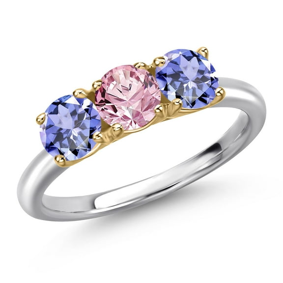 Gem Stone King 925 Silver and 10K Yellow Gold Pink Lab Grown Diamond and Blue Tanzanite Engagement Ring for Women | 1.42 Cttw | Round 5MM | Gemstone April Birthstone | Size 9