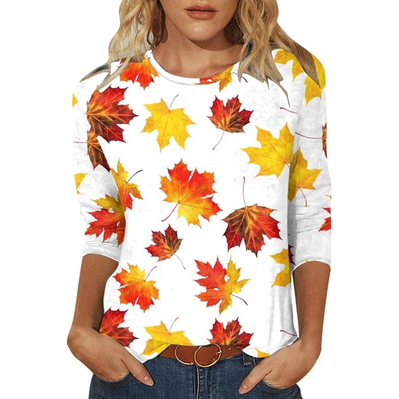 Fall Saving!QUINDOS 3/4 Sleeve Women Graphic T Shirts Plus Size Womens Tops Crew Neck White Loose Fit Leaf Casual Tops