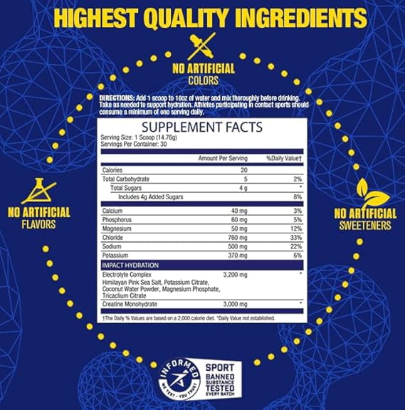 MHP Impact Hydration Electrolyte Creatine Sports Drink Mix, No Artificial Sweeteners or Colors, Performance, Recovery, Concussion Protection, Lemon Lime, 30 servings