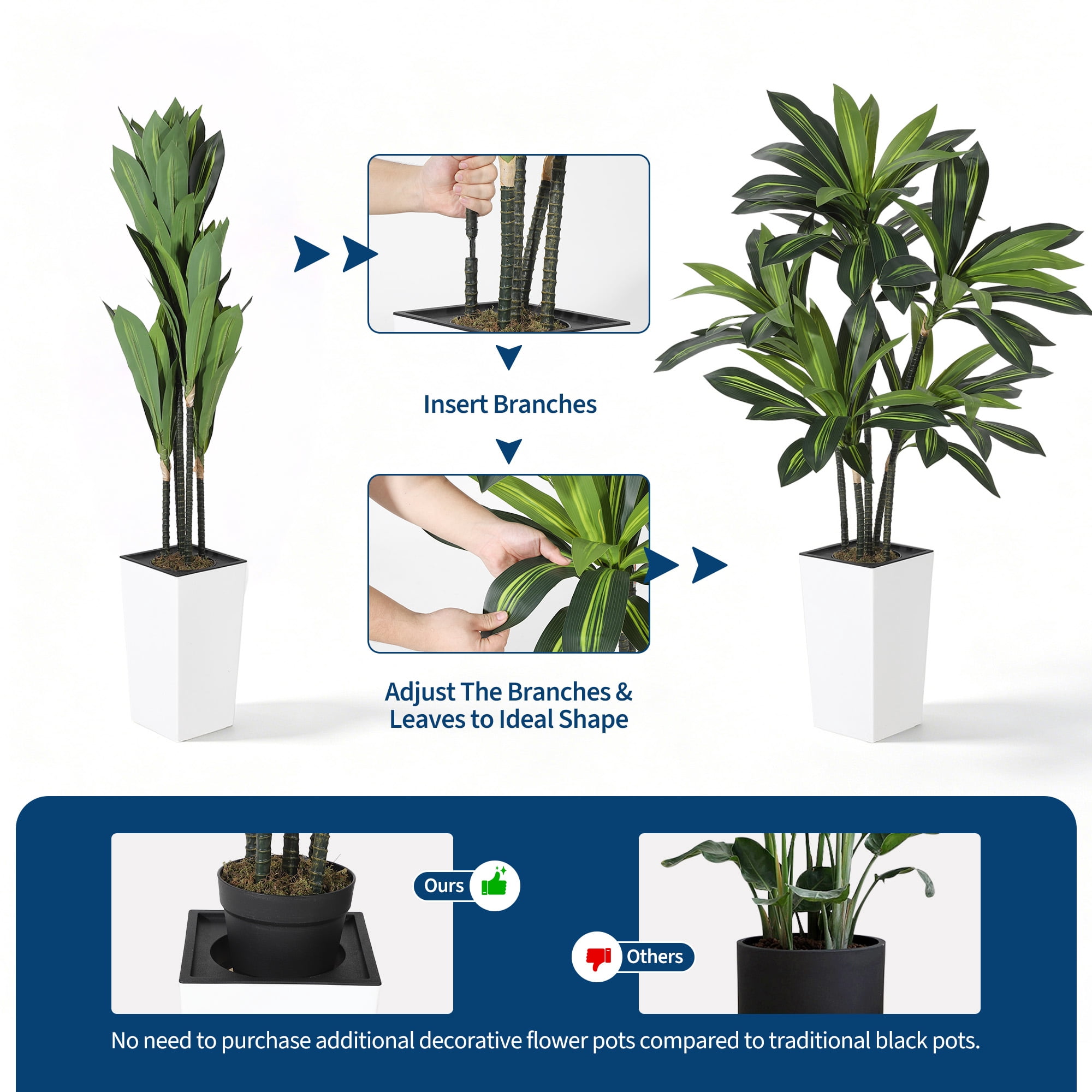 Artificial Dracaena Tree 5FT with White Tall Planter – Lifelike Faux Plant for Home Office Decor