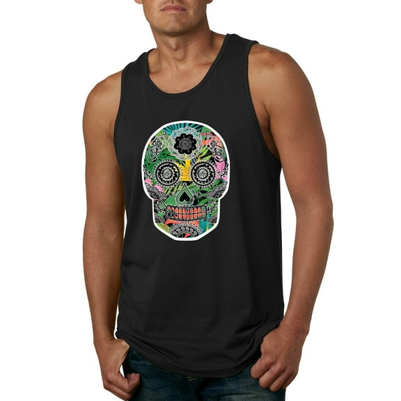 Day Of The Dead Calavera Skull Colorful Trippy | Mens Pop Culture Graphic Tank Top, Black, Small