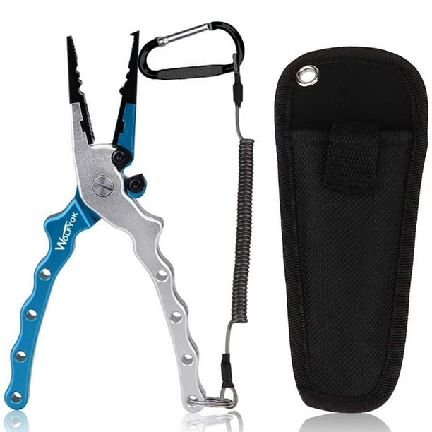 Wolfyok Aluminum Fishing Pliers and Stainless Steel Hook Removers Pliers Saltwater Split Ring Tool Blue for Fishing Gear Accessories Line Cutters with ...