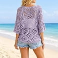 thumbnail image 4 of Women's Beige Crochet Top with V Neck Summer Crochet Long Sleeve Sexy Tops Cover Cruise Outfit, 4 of 5