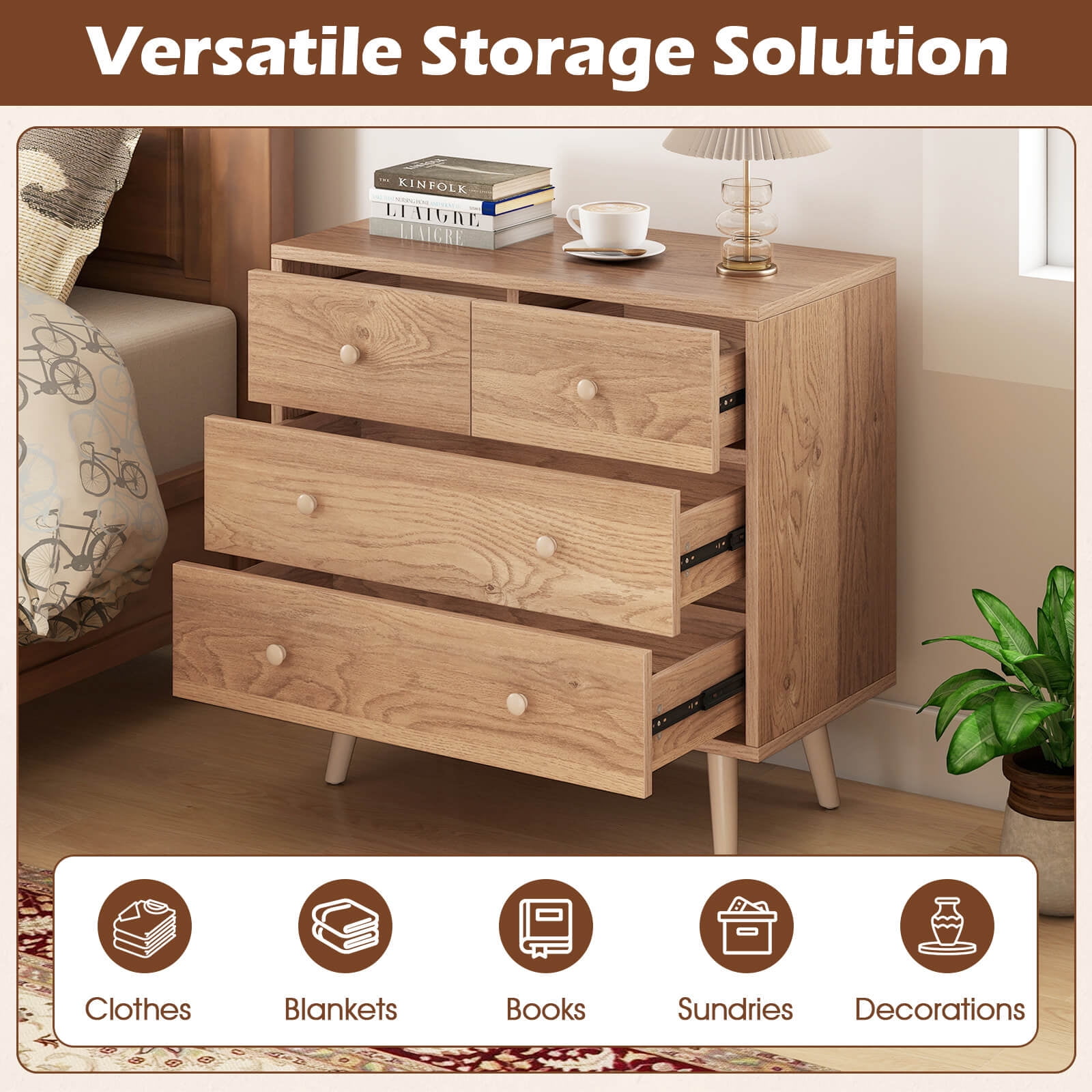 Costway 4 Drawer Dresser for Bedroom Wide Chest of Drawers with Metal Guide Rails Natural