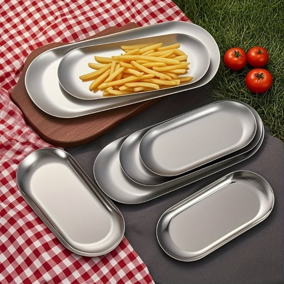 QUTETN 4-Piece Stainless Steel Oval Serving Tray Set – Silvery Finish, Lightweight & Durable for Snacks, Sushi, Desserts, Breakfast or Party Platters – Ideal for Picnics, BBQs & Home Entertaining