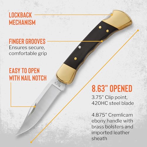 Buck Knives 110 Folding Hunter Knife with Grooves, 3-3/4" Hunting Knife Blade, Ebony Handle, 7.2 oz
