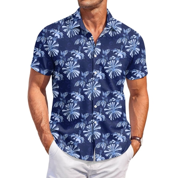 QHRMKOG Shirt for Men Relaxed Fit Tropical Print Short Sleeve Hawaiian Shirts Light Holiday Button Down Beach Shirt Summer Fashion Top Blue L