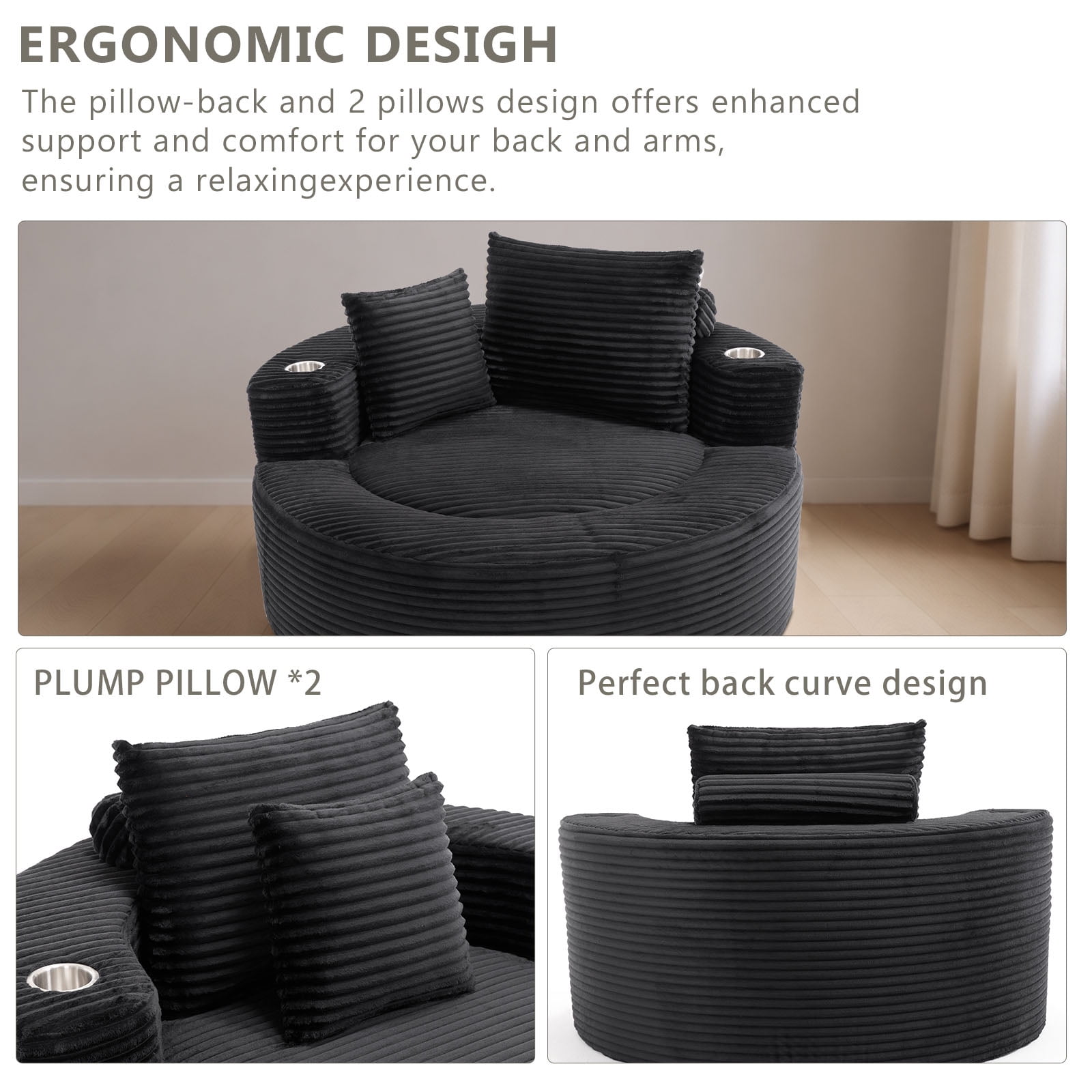 Miniyam 55.5" W Round Oversized Chaise Lounge Indoor with Cup Holders for Living Room, Cloud Couch with 3 Pillows, Black
