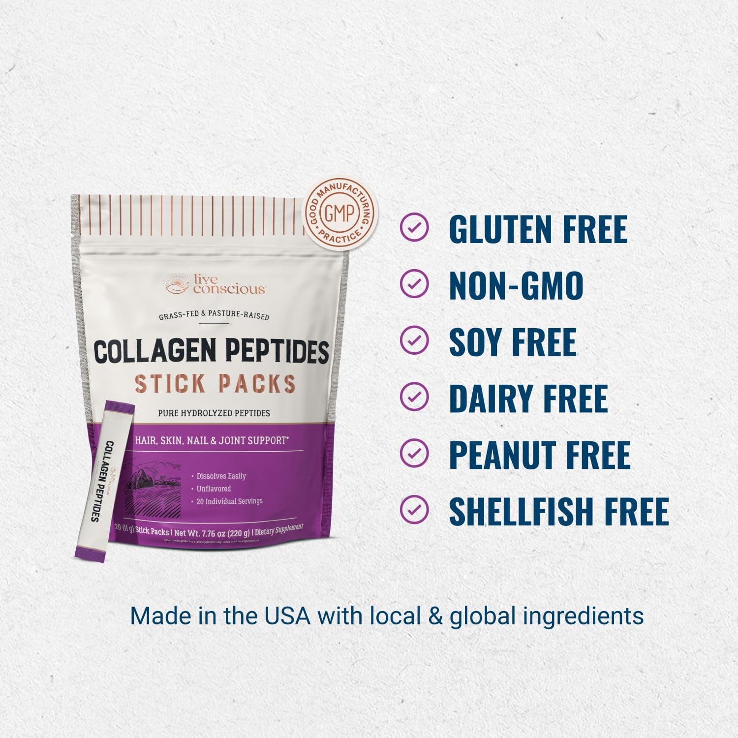 Live Conscious Collagen Peptides Packets with Biotin & Vitamin C - Grass-Fed, Hydrolyzed, Hair Skin Nail & Joint Support for Adults - 20 pack