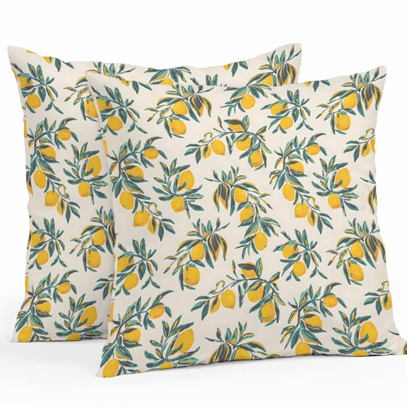 Outdoor Waterproof Pillow Covers Pack of 2, Summer Yellow Lemon Green Leaf Watercolor Style Decorative Throw Pillowcases Cushion Covers for Garden Patio Tent Sofa Couch, 20x20 inch