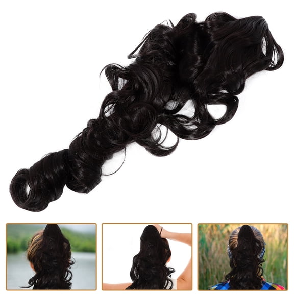 EXHUMKY Curly Ponytail Extension Black Elastic Mesh For Ladies Cosplay 1Pack 70X8Cm